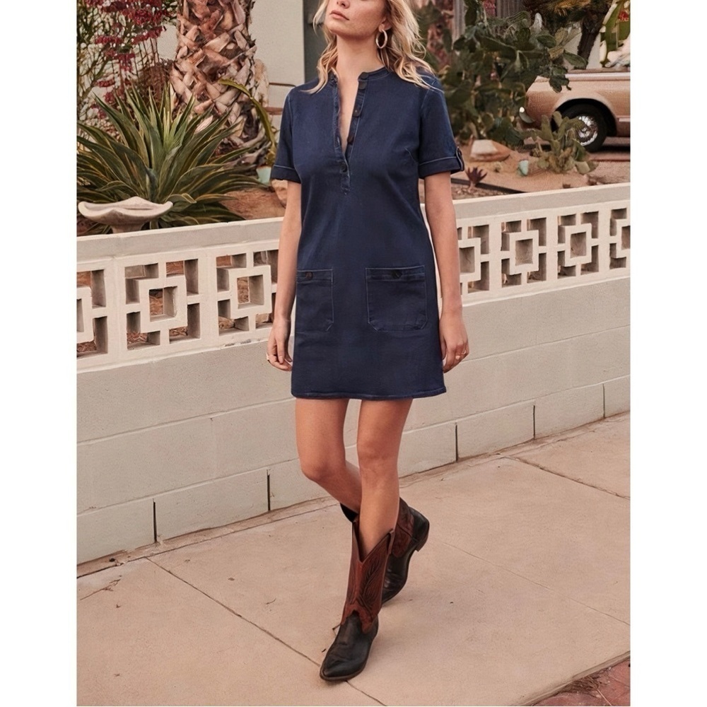 Sezane Denim Mini Short-Sleeve Alma Shift Dress
